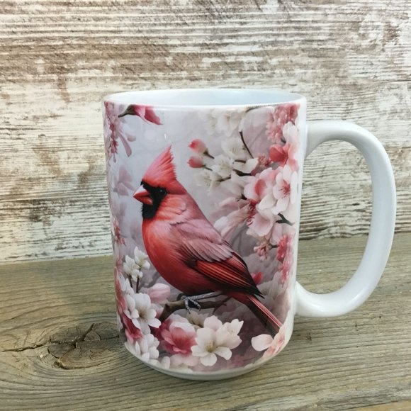 Male Cardinal and Flowers Ceramic Coffee Mug - Picture 3 of 4